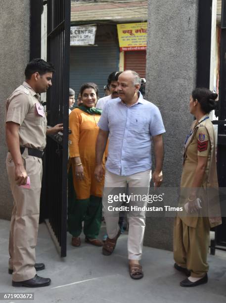 Delhi Deputy Chief Minister Manish Sisodia arrives to cast his vote for the MCD Elections 2017 at Pandav Nagar, on April 23, 2017 in New Delhi,...