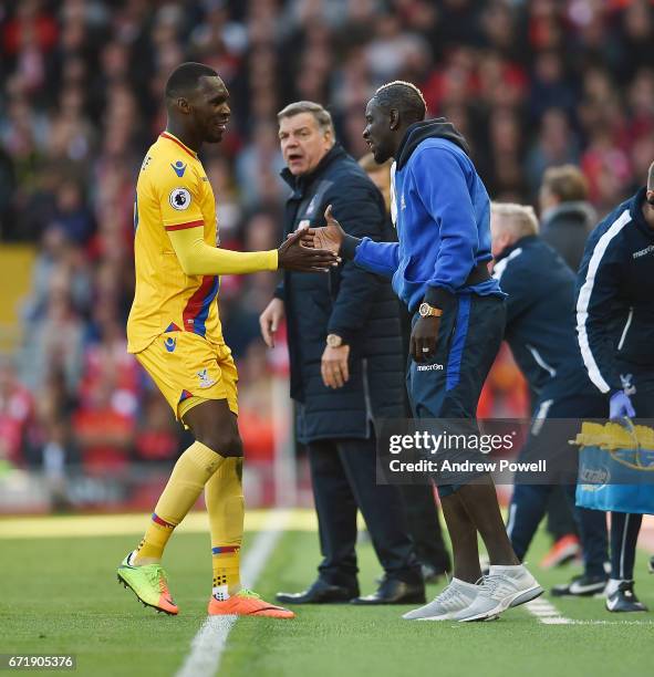 Christian Benteke of Crystal Palace celebrates with Mamadou Sakho after scotring the equalising goal during the Premier League match between...