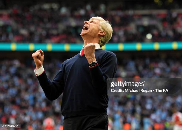 Arsene Wenger manager of Arsenal celebrates his team's 2-1 victory at the final whistle during the Emirates FA Cup Semi-Final match between Arsenal...