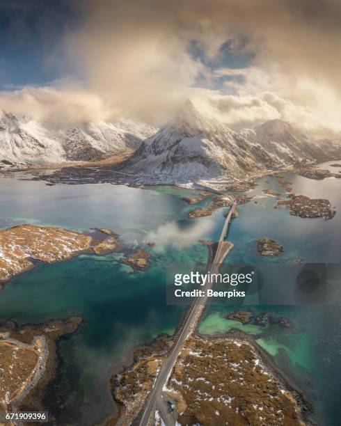 aerial view of lofoten islands in norway. - norway road stock pictures, royalty-free photos & images