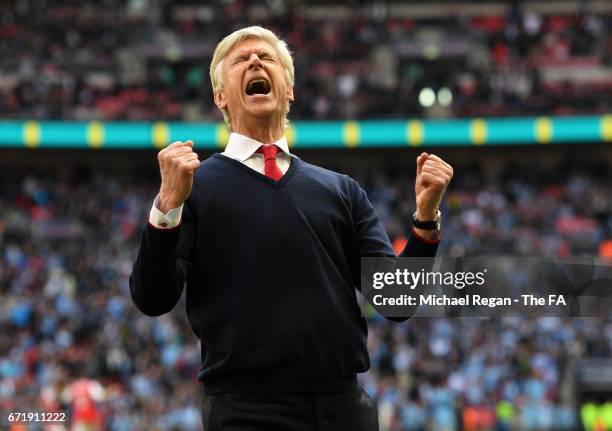 Arsene Wenger manager of Arsenal celebrates his team's 2-1 victory at the final whistle during the Emirates FA Cup Semi-Final match between Arsenal...