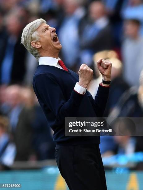 Arsene Wenger manager of Arsenal celebrates his team's 2-1 victory at the final whistle during the Emirates FA Cup Semi-Final match between Arsenal...