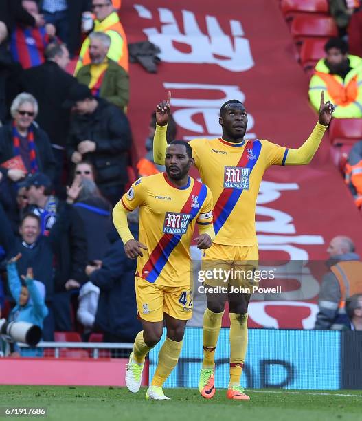 Christian Benteke CElebrates The Second goal for Crystal Palace during the Premier League match between Liverpool and Crystal Palace at Anfield on...