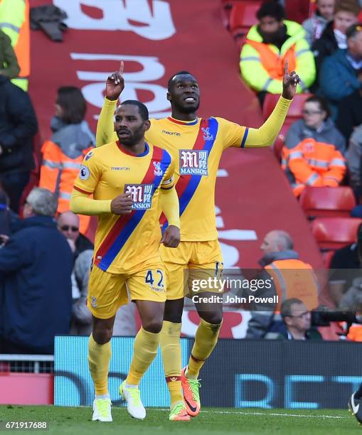 Christian Benteke CElebrates The Second goal for Crystal Palace during the Premier League match between Liverpool and Crystal Palace at Anfield on...