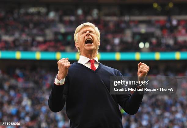 Arsene Wenger manager of Arsenal celebrates his team's 2-1 victory at the final whistle during the Emirates FA Cup Semi-Final match between Arsenal...