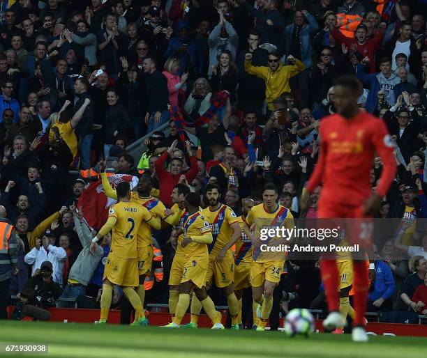 Christian Benteke Celebrates The Second goal for Crystal Palace during the Premier League match between Liverpool and Crystal Palace at Anfield on...