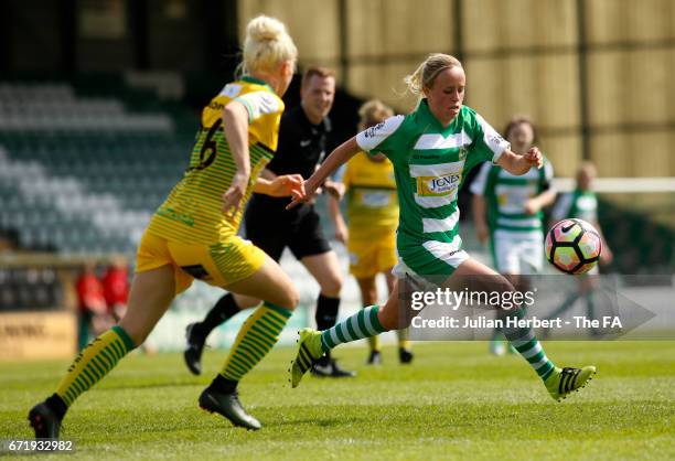 Nadia Lawrence of Yeovil Town Ladies beats Ash Hodgson of Liverpool Ladies FC to the ball during the WSL Spring Series Match between Yeovil Town...