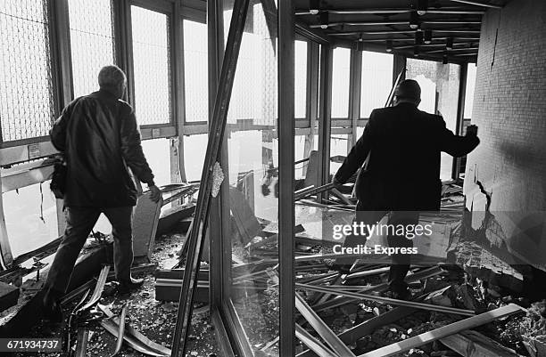 The scene after an IRA bomb exploded at the Post Office Tower in London, UK, 31st October 1971. The damage was extensive but nobody was injured.