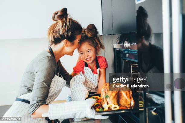 mother taking the dinner out of the oven - thanksgiving imagens e fotografias de stock