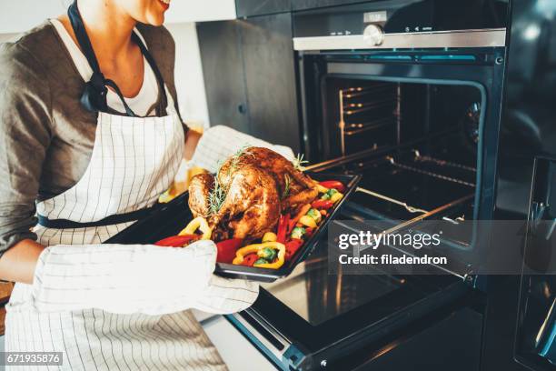 ung kvinna tar middagen ur ugnen - fylld kalkon bildbanksfoton och bilder