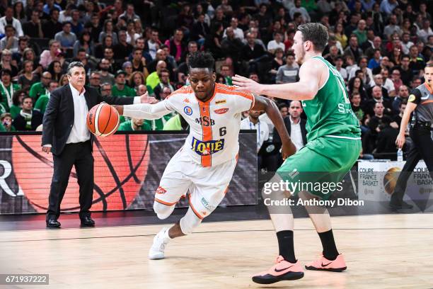 Wilfried Yeguete of Le Mans during the Final of the French Cup between Le Mans and JSF Nanterre at AccorHotels Arena on April 22, 2017 in Paris,...