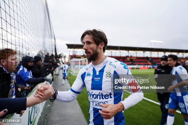 Mattias Bjarsmyr of IFK Goteborg celebrates after the match during the Allsvenskan match between Ostersunds FK and IFK Goteborg at Jamtkraft Arena on...