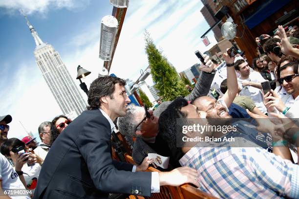 Retired soccer player Raul Gonzalez greets fans a roofop viewing party of El Clasico - Real Madrid CF vs FC Barcelona hosted by LaLiga at 230 Fifth...