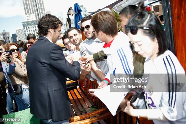 Retired soccer player Raul Gonzalez greets fans a roofop viewing party of El Clasico - Real Madrid CF vs FC Barcelona hosted by LaLiga at 230 Fifth...