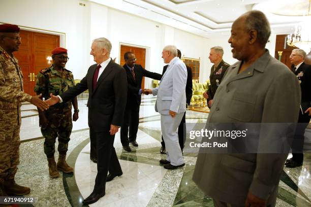 Djibouti's President Ismail Omar Guelleh welcomes U.S. Defense Secretary James Mattis and his delegation at the Presidential Palace on April 23, 2017...