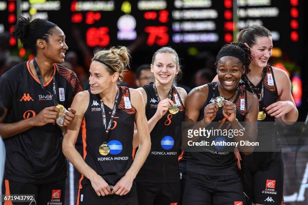 Paoline Salagnac, Marine Johannes, Clarissa Dos Santos and JOhannah Leedham of Bourges looks happy after the victory during the women's Final of the...