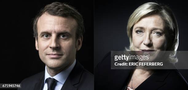 Combination of pictures made on April 23, 2017 shows French presidential election candidate for the En Marche ! movement Emmanuel Macron and French...