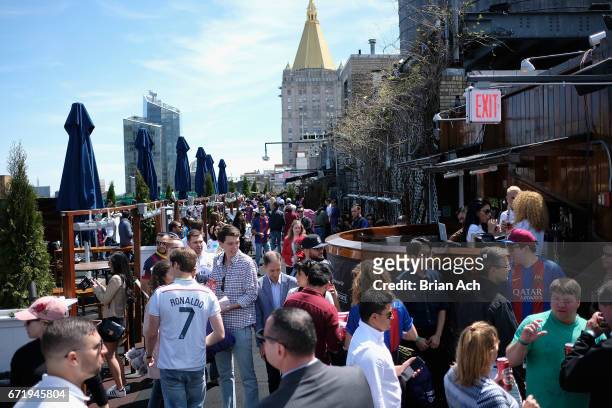 Fans attend a roofop viewing party of El Clasico - Real Madrid CF vs FC Barcelona hosted by LaLiga at 230 Fifth Avenue on April 23, 2017 in New York...