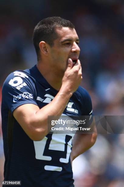 Gerardo Alcoba of Pumas reacts during the 15th round match between Pumas UNAM and Veracruz as part of the Torneo Clausura 2017 Liga MX at Olimpico...