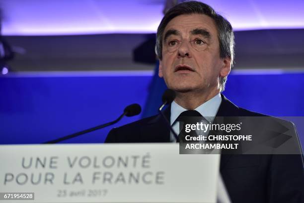 French presidential election candidate for the right-wing Les Republicains party Francois Fillon delivers a speech at his campaign headquarters in...