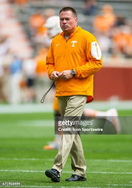Tennessee Volunteers head coach Butch Jones coaching before Tennessee's Orange and White spring game on April 22, 2017 at Neyland Stadium in...
