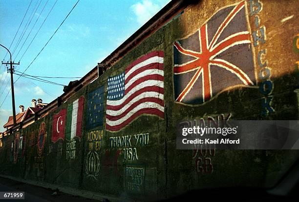 Flags of Western nations illustrate typical Kosovo Albanian sentiments toward Western intervention in their war with Serbia November 17, 2001 in the...