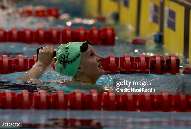 Sarah Vasey of Loughborough University reacts after winning the Womens Open 100m Breaststroke Final on day six of the 2017 British Swimming...