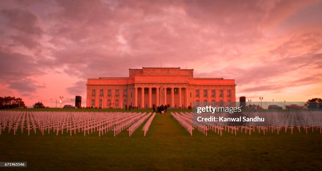 Auckland War Memorial and Museum with crosses in front from distance