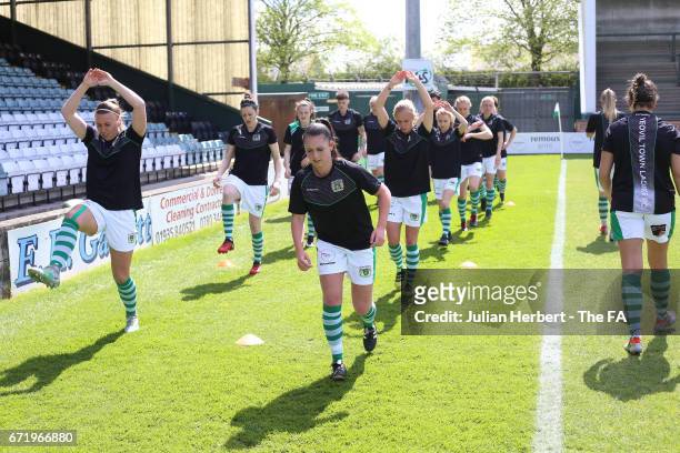 Yeovil Town Ladies players take part in a training session before the WSL Spring Series Match between Yeovil Town Ladies and Liverpool Ladies at...