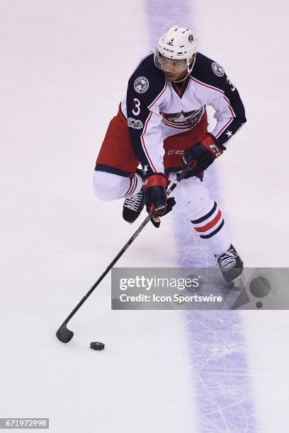 Columbus Blue Jackets defenseman Seth Jones skates with the puck along the blue line during the first period. The Pittsburgh Penguins won 5-2 in Game...