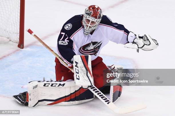 Columbus Blue Jackets goalie Sergei Bobrovsky tends net during the second period. The Pittsburgh Penguins won 5-2 in Game Five of the Eastern...