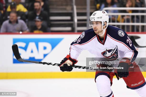 Columbus Blue Jackets right wing Oliver Bjorkstrand forechecks during the third period. The Pittsburgh Penguins won 5-2 in Game Five of the Eastern...