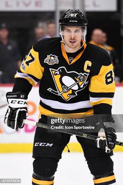 Pittsburgh Penguins Center Sidney Crosby looks on during the third period. The Pittsburgh Penguins won 5-2 in Game Five of the Eastern Conference...