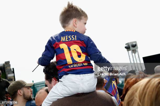 Child in a FC Barcelona jersey attends roofop viewing party of El Clasico - Real Madrid CF vs FC Barcelona hosted by LaLiga at 230 Fifth Avenue on...