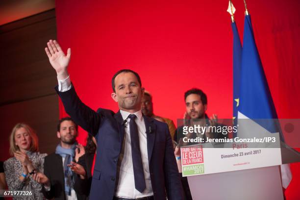 Socialist Party candidate Benoit Hamon delivers a speech after projected results suggest that he has been defeated in the French Presidential...