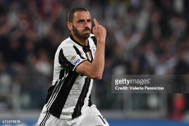 Leonardo Bonucci of Juventus FC celebrates a goal during the Serie A match between Juventus FC and Genoa CFC at Juventus Stadium on April 23, 2017 in...