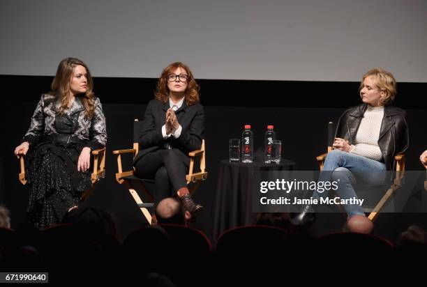 Alexandra Dean, Susan Sarandon and Diane Kruger speak onstage during a panel discussion for 'Bombshell: The Hedy Lamarr Story' Premiere during the...