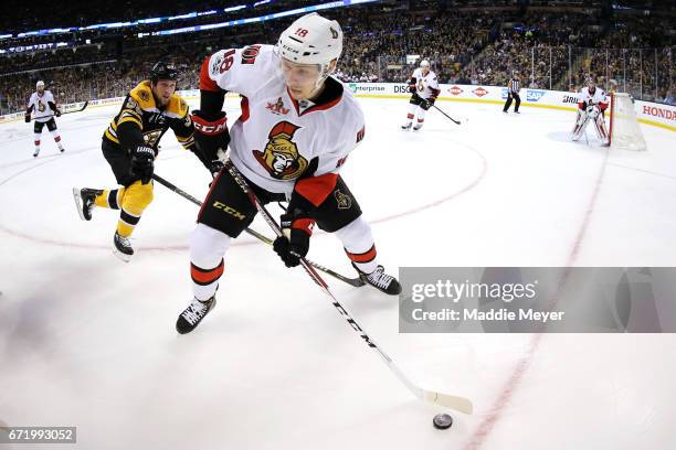 Matt Beleskey of the Boston Bruins defends Ryan Dzingel of the Ottawa Senators during the first period of Game Six of the Eastern Conference First...