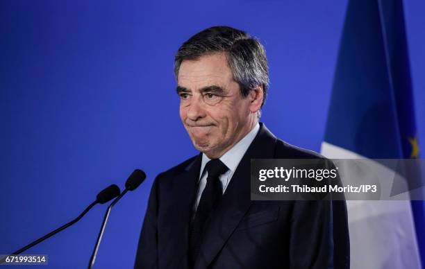 Les Republicains candidate Francois Fillon delivers a speech after projected results suggest he has been defeated in the French Presidential...