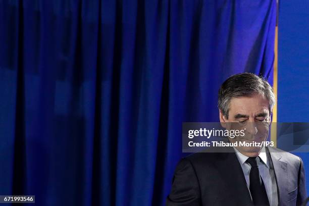 Les Republicains candidate Francois Fillon delivers a speech after projected results suggest he has been defeated in the French Presidential...