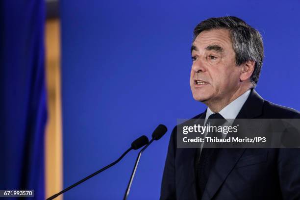 Les Republicains candidate Francois Fillon delivers a speech after projected results suggest he has been defeated in the French Presidential...