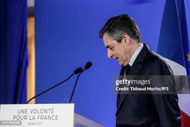 Les Republicains candidate Francois Fillon delivers a speech after projected results suggest he has been defeated in the French Presidential...