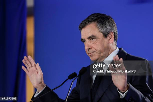 Les Republicains candidate Francois Fillon delivers a speech after projected results suggest he has been defeated in the French Presidential...