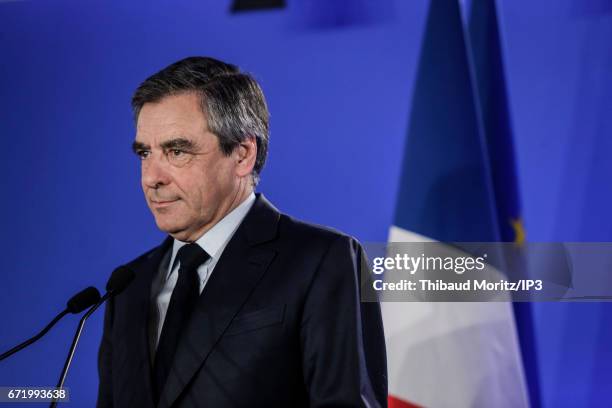 Les Republicains candidate Francois Fillon delivers a speech after projected results suggest he has been defeated in the French Presidential...