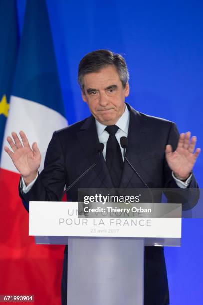 Les Republicains candidate Francois Fillon delivers a speech after projected results suggest he has been defeated in the French Presidential...