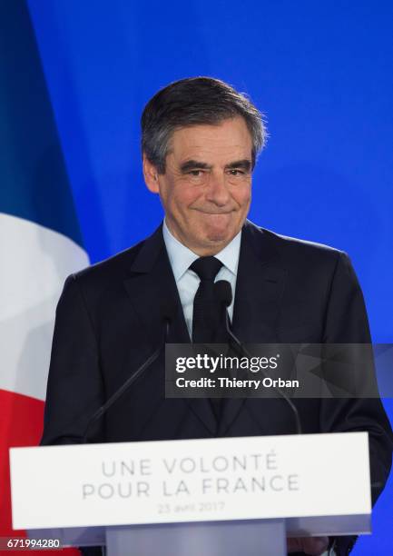 Les Republicains candidate Francois Fillon delivers a speech after projected results suggest he has been defeated in the French Presidential...