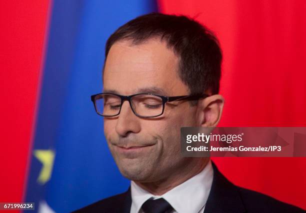 Socialist Party candidate Benoit Hamon delivers a speech after projected results suggested he has been defeated in the French Presidential Elections...