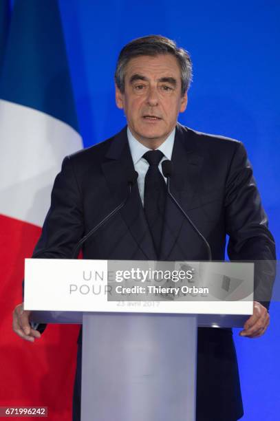 Les Republicains candidate Francois Fillon delivers a speech after projected results suggest he has been defeated in the French Presidential...