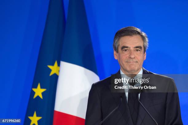 Les Republicains candidate Francois Fillon delivers a speech after projected results suggest he has been defeated in the French Presidential...