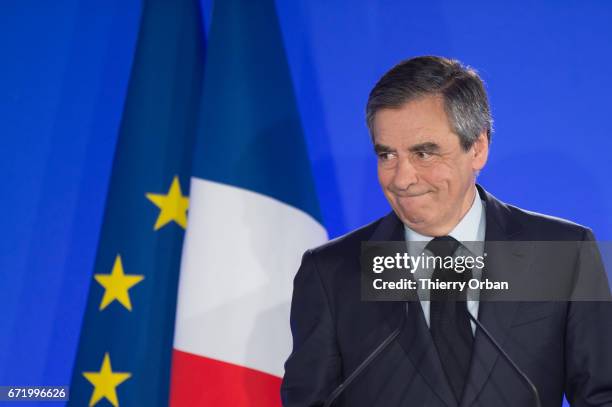 Les Republicains candidate Francois Fillon delivers a speech after projected results suggest he has been defeated in the French Presidential...